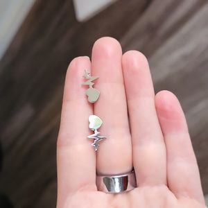 ECG earrings silver tone metal studs heartbeat